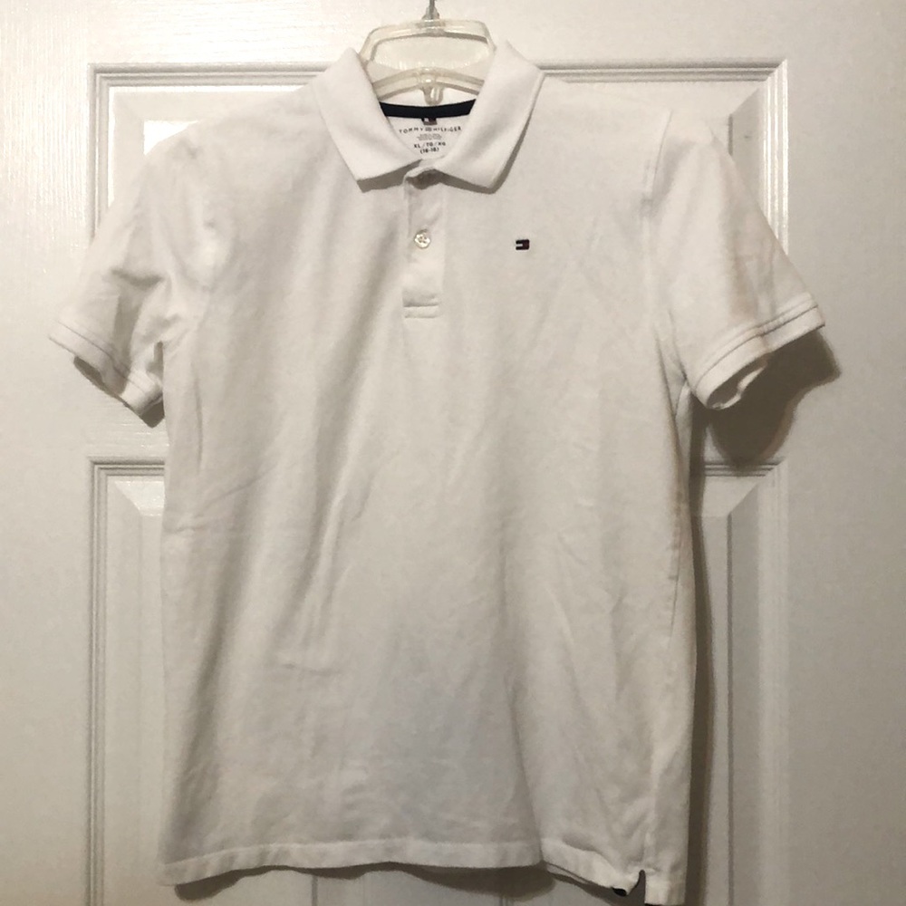 Tommy Hilfiger boys white polo shirt with flag logo on left breast, size XL.